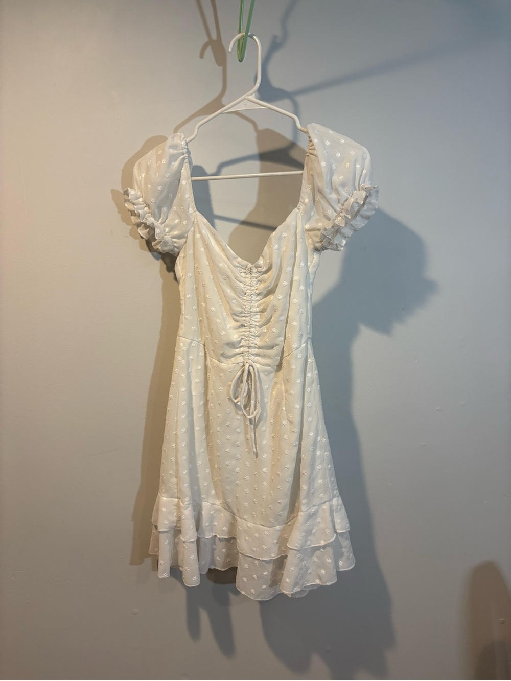 Princess Polly Cream Swiss Dot Puff Sleeve Mini Dress